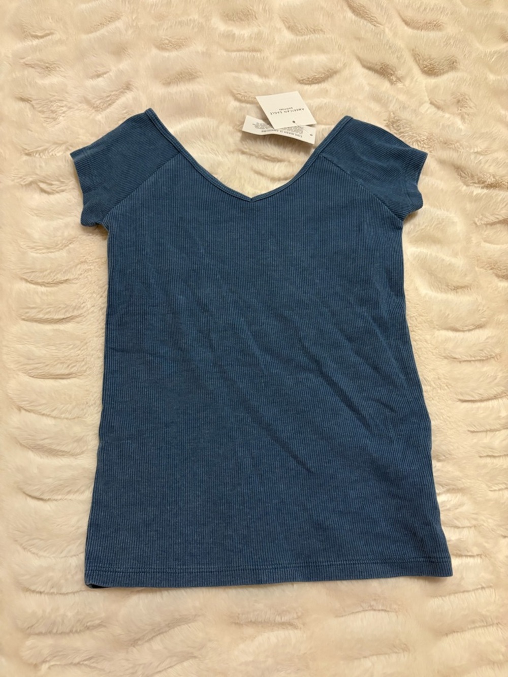 American Eagle Outfitters Blue Ribbed Short-Sleeve V-Neck Tee